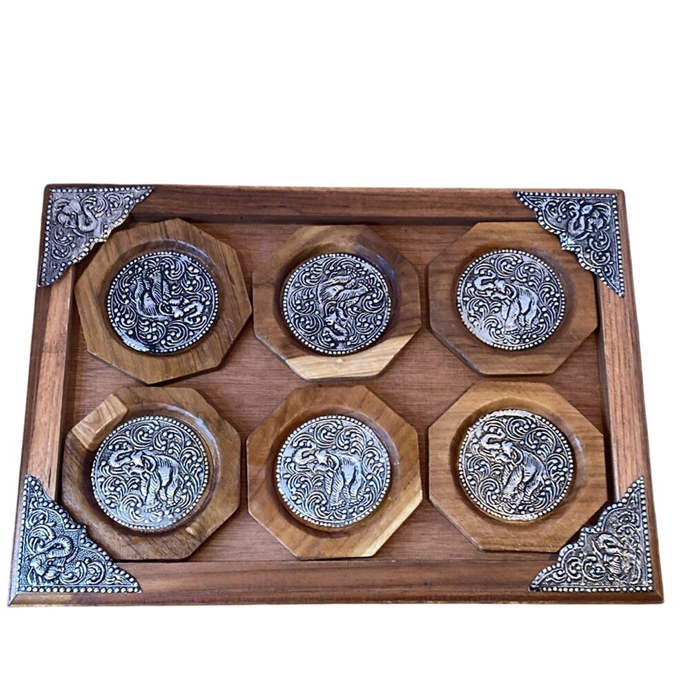 Handcrafted Thai‎ Elephant Cuppa Teak Wooden Coaster Tray Set Asian Home Decor